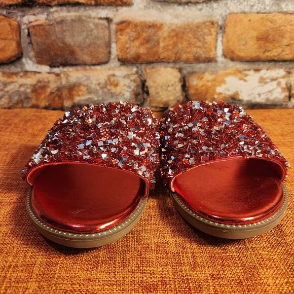 H2K Womens Glitter Bling Fancy Slide Flat Low Wedge Sparkle Sandals Shoes Red - Picture 2 of 8